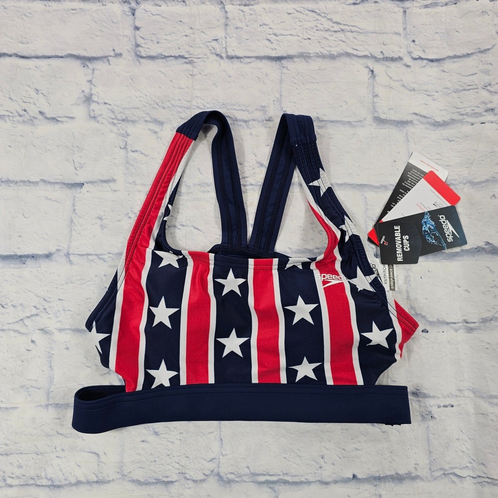 Speedo Bikini Top WOMEN XS Red White Blue Stars Stripes Patriotic Removable Cups